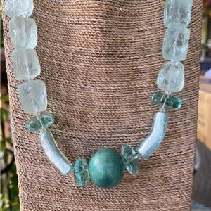 Raku Bead with Aqua Quartz and Foil Beads Necklace